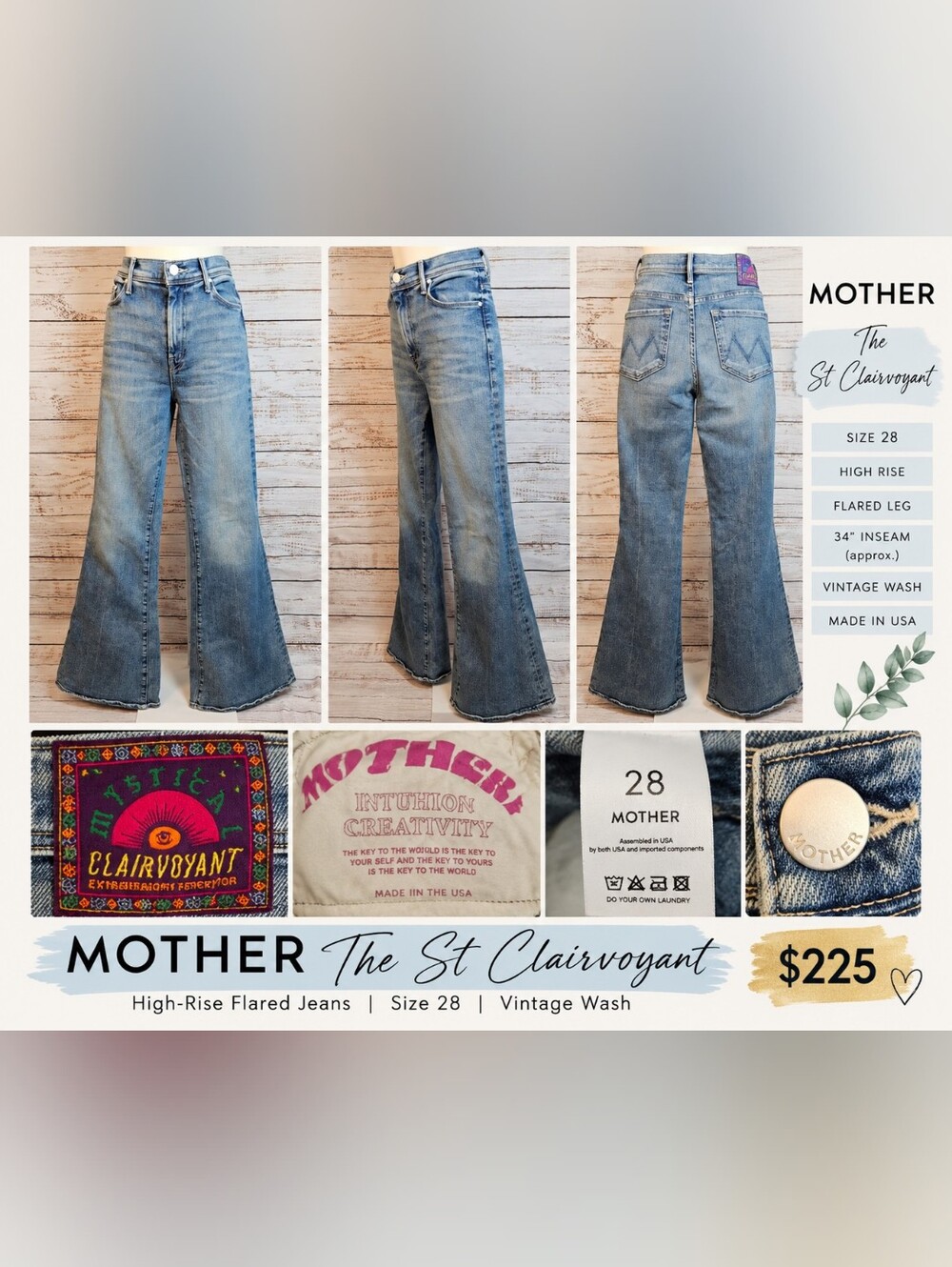 MOTHER The St Clairvoyant High Rise Flare Jeans Size 28 Vintage Wash